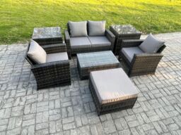 Fimous 5 Seater Outdoor Lounge Sofa Set Wicker PE Rattan Garden Furniture Set with Rectangular Coffee Table Double Seat Sofa in Dark Grey - thumbnail 2