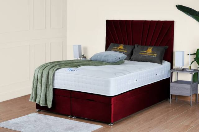 UK Bed Furniture Sunrise End Lift Divan Ottoman Bed with 54 Inch Headboard in Maroon - Size: Single - image 1