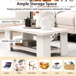Costway 2-tier Modern Coffee Table Center Cocktail Table Wooden Accent Table in White - thumbnail 5