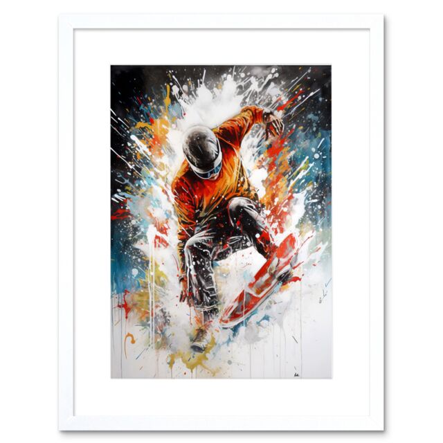 "Artery8 Wall Art Print Extreme Sports Snowboarding Paint Splat Portrait Artwork Framed 9X7 Inch in White - Size: W7"" x H9""" - image 1