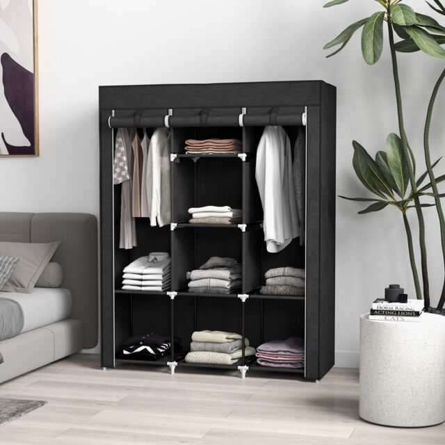 HOMCOM Fabric Portable Wardrobe with 8 Shelves 2 Hanging Rails in Black - image 1