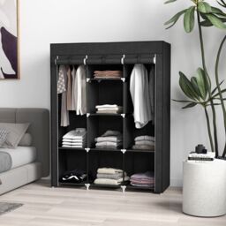 HOMCOM Fabric Portable Wardrobe with 8 Shelves 2 Hanging Rails in Black - thumbnail 1
