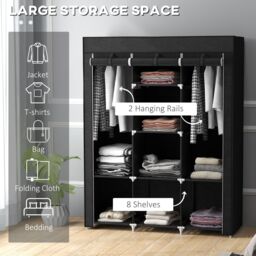HOMCOM Fabric Portable Wardrobe with 8 Shelves 2 Hanging Rails in Black - thumbnail 4