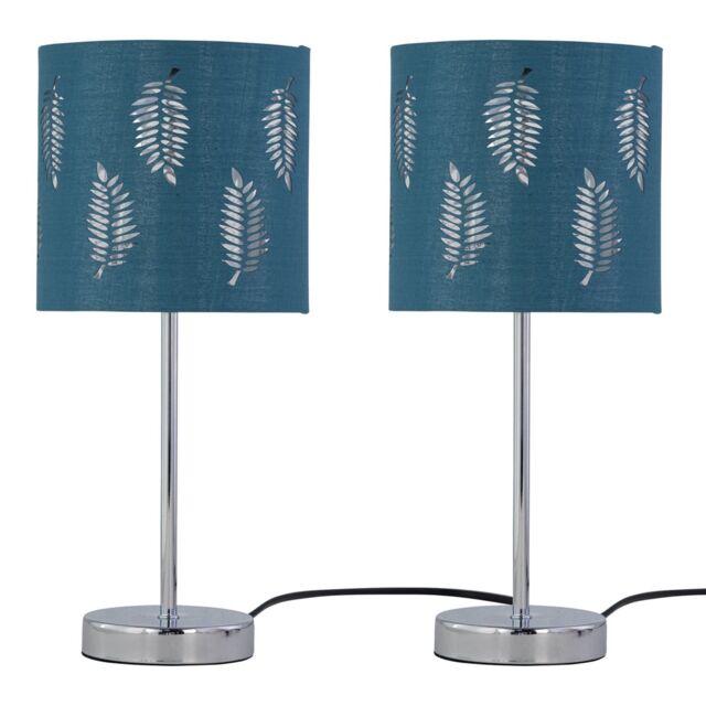 First Choice Lighting Set of 2 Chrome Touch Operated Table Lamps with Teal Fern Shades in Silver - image 1
