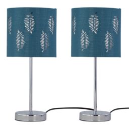 First Choice Lighting Set of 2 Chrome Touch Operated Table Lamps with Teal Fern Shades in Silver