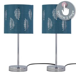 First Choice Lighting Set of 2 Chrome Touch Operated Table Lamps with Teal Fern Shades in Silver - thumbnail 2