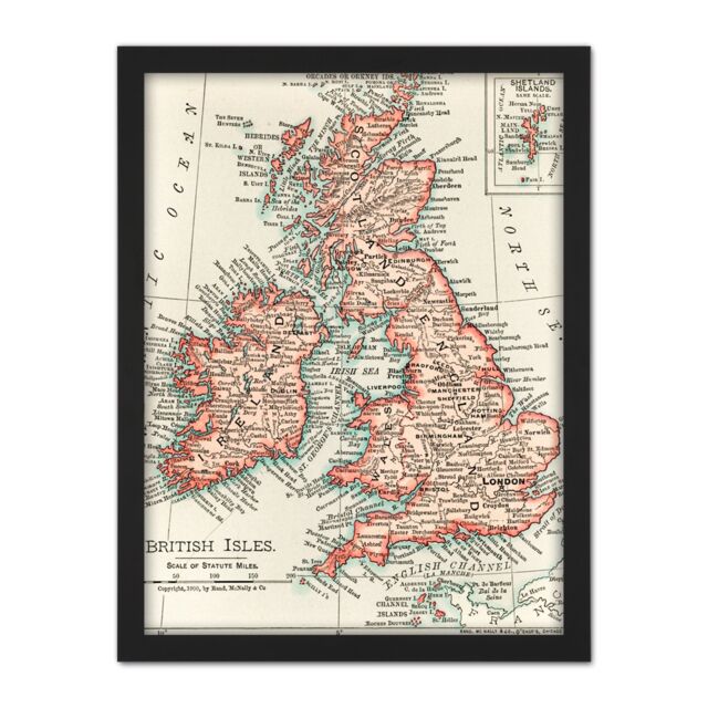 "Artery8 Wall Art Print Map Rand McNally 1900 British Isles Ireland UK Chart Large Framed Wall Décor Art in Black - Size: W18"" x H24""" - image 1