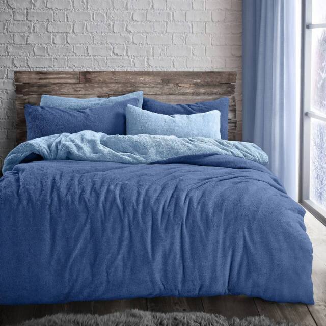 Velosso Teddy Two Tone Warm & Cosy Duvet Cover & Pillowcase Set in Blue - Size: Single