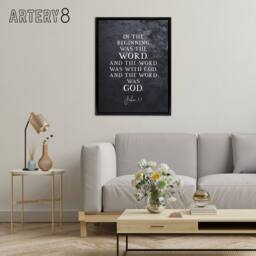 "Artery8 John 1 The Word Was God Christian Bible Quote Framed Canvas Wall Art Print in Grey - Size: W12"" x H16""" - thumbnail 3
