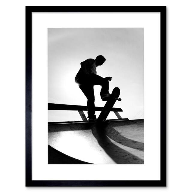 "Artery8 Skateboarding Skater Ramp Silhouette Artwork 12x16"" Framed Art Print in Grey - Size: W12"" x H16""" - image 1