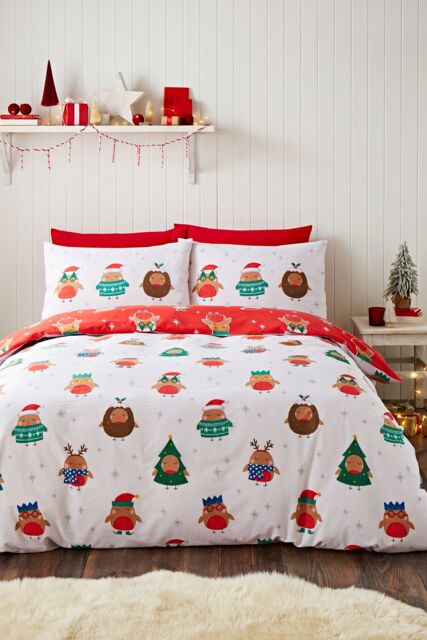 Catherine Lansfield 'Christmas Party Robins' Reversible Duvet Cover Set in White - Size: Double - image 1