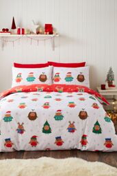 Catherine Lansfield 'Christmas Party Robins' Reversible Duvet Cover Set in White - Size: Double - thumbnail 1