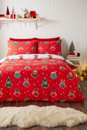 Catherine Lansfield 'Christmas Party Robins' Reversible Duvet Cover Set in White - Size: Double - thumbnail 2