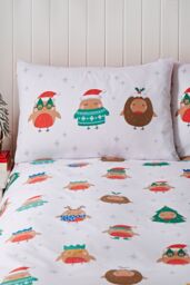 Catherine Lansfield 'Christmas Party Robins' Reversible Duvet Cover Set in White - Size: Double - thumbnail 3