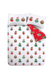 Catherine Lansfield 'Christmas Party Robins' Reversible Duvet Cover Set in White - Size: Double - thumbnail 5