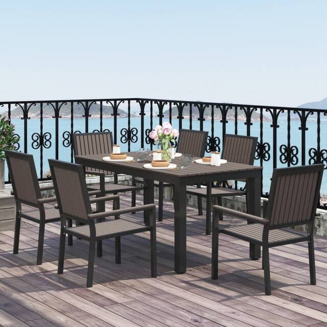 OUTSUNNY 6 Seater Aluminium Garden Dining Set with Stackable Chairs, Brown in Dark Brown - image 1