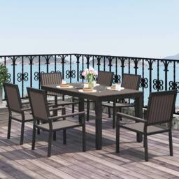 OUTSUNNY 6 Seater Aluminium Garden Dining Set with Stackable Chairs, Brown in Dark Brown - thumbnail 1