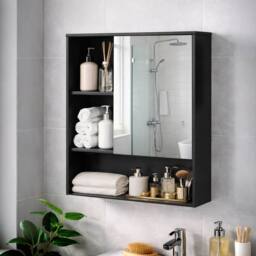 Levede Black Wooden Bathroom Wall Mounted Mirror Cabinet Storage Open Shelf - thumbnail 3