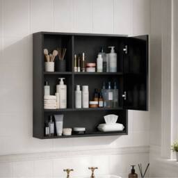 Levede Black Wooden Bathroom Wall Mounted Mirror Cabinet Storage Open Shelf - thumbnail 2