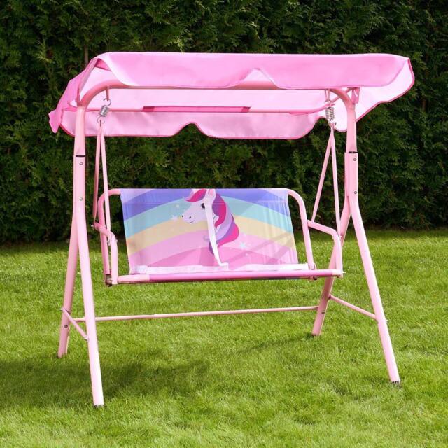 OHS Swing Bench Canopy Cover 2 Seater Garden Outdoor Patio Unicorn Kids Play Set in Pink - image 1