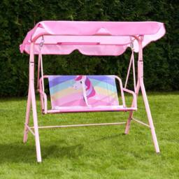 OHS Swing Bench Canopy Cover 2 Seater Garden Outdoor Patio Unicorn Kids Play Set in Pink - thumbnail 1