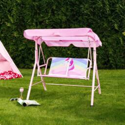 OHS Swing Bench Canopy Cover 2 Seater Garden Outdoor Patio Unicorn Kids Play Set in Pink - thumbnail 2