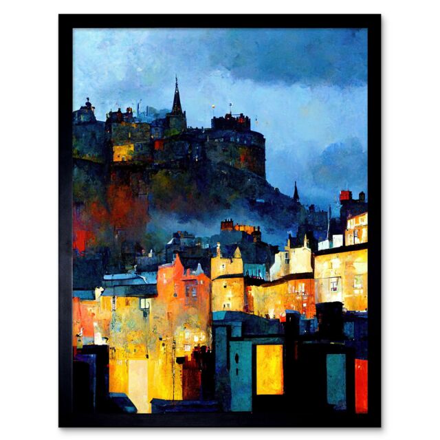 "Artery8 Wall Art Print Edinburgh Castle From Grassmarket Cityscape Modern Art Framed in Black - Size: W12"" x H16""" - image 1