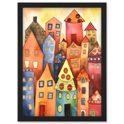 Artery8 Colourful Townscape Folk Art Watercolour Painting Artwork Framed Wall Art Print A4 in Black - thumbnail 1
