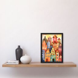 Artery8 Colourful Townscape Folk Art Watercolour Painting Artwork Framed Wall Art Print A4 in Black - thumbnail 2