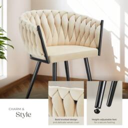 tectake Dining Chair Astano - Padded, Velvet, Knot Design, Continuous Backrest in Light Sand - Size: 4 Pack - thumbnail 4