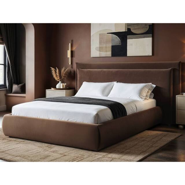 Solace+Co Sigrid Chocolate Velvet Cushion Headboard Ottoman Bed in Brown - Size: Double - image 1