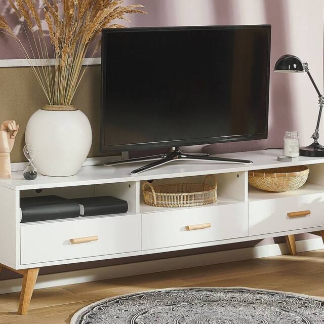 Wyld and Coco White TV Stand 180 x 40 x 55 cm - MDF with Oak Accents - image 1