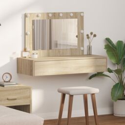 Berkfield Home Wall-Mounted Dressing Table with LED Lights in Sonoma Oak in Beige