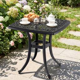 Costway Patio Side Table Outdoor Cast Aluminum Bistro Table w/ Umbrella Hole in Black - thumbnail 7