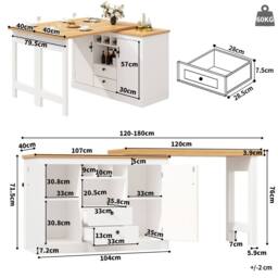 BTM 360° Rotating Bar Table with Storage & Wine Rack, Adjustable Length in White - thumbnail 6