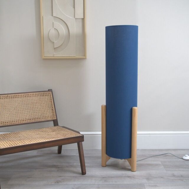 ValueLights Henry Wooden Base Midi Floor Lamp with Tall Fabric Shade in Navy - image 1