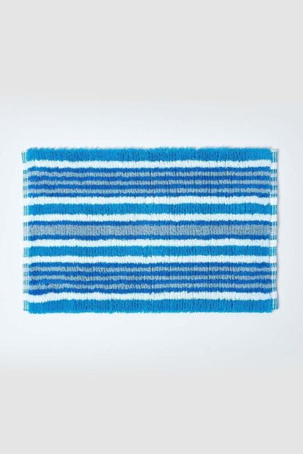 Homescapes Handloomed Striped Cotton Bath Mat in Blue - image 1