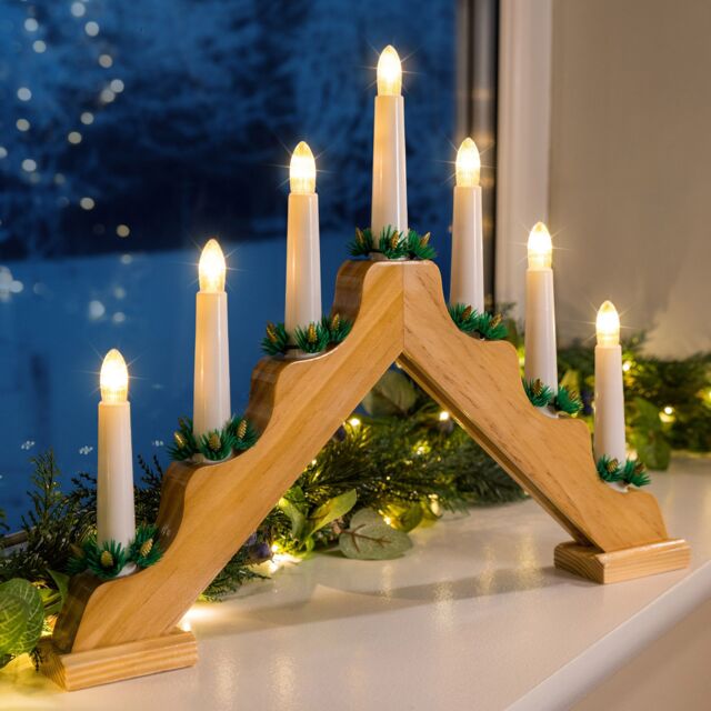 Christow Christmas Candle Bridge Light 7 LED Battery Operated Wooden Decoration L37cm in Natural - image 1