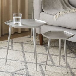 Orsina Set Of 2 Hexagonal Side Tables, Metallic Silver Finish Bedside Table, Lounge Sidetables, Small Hexagonal Tables