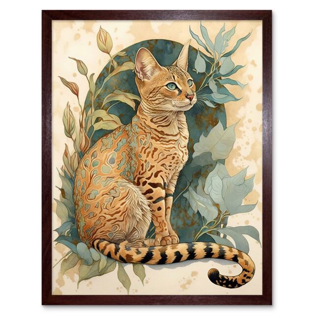 "Artery8 Wall Art Print Ocicat Cat with Teal Rosette Pattern Fur & Leafy Plants Watercolour Art Framed in Brown - Size: W12"" x H16""" - image 1