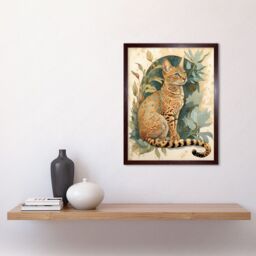"Artery8 Wall Art Print Ocicat Cat with Teal Rosette Pattern Fur & Leafy Plants Watercolour Art Framed in Brown - Size: W12"" x H16""" - thumbnail 2