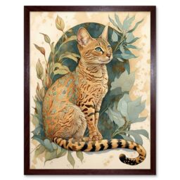 "Artery8 Wall Art Print Ocicat Cat with Teal Rosette Pattern Fur & Leafy Plants Watercolour Art Framed in Brown - Size: W12"" x H16""" - thumbnail 1
