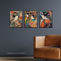 Artery8 Set of 3 Elegant Japan Geishas Floral Portraits Women in Colourful Spring Flower Blooms Unframed Wall Art Living Room Poster Prints Pack - thumbnail 2
