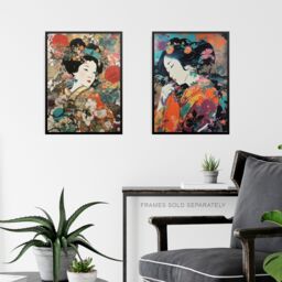Artery8 Set of 3 Elegant Japan Geishas Floral Portraits Women in Colourful Spring Flower Blooms Unframed Wall Art Living Room Poster Prints Pack - thumbnail 6