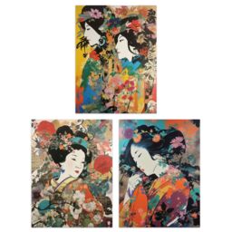 Artery8 Set of 3 Elegant Japan Geishas Floral Portraits Women in Colourful Spring Flower Blooms Unframed Wall Art Living Room Poster Prints Pack - thumbnail 1