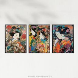 Artery8 Set of 3 Elegant Japan Geishas Floral Portraits Women in Colourful Spring Flower Blooms Unframed Wall Art Living Room Poster Prints Pack - thumbnail 5
