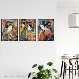 Artery8 Set of 3 Elegant Japan Geishas Floral Portraits Women in Colourful Spring Flower Blooms Unframed Wall Art Living Room Poster Prints Pack - thumbnail 3