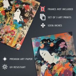 Artery8 Set of 3 Elegant Japan Geishas Floral Portraits Women in Colourful Spring Flower Blooms Unframed Wall Art Living Room Poster Prints Pack - thumbnail 4