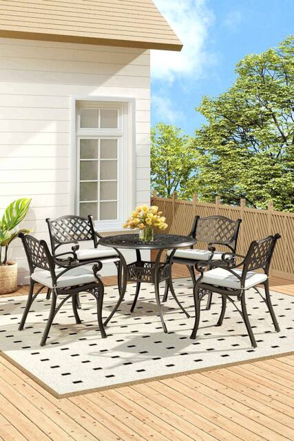 Living and Home 5 Pcs Classical Garden Bistro Set Cast Aluminum with Cushions in Black
