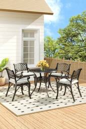 Living and Home 5 Pcs Classical Garden Bistro Set Cast Aluminum with Cushions in Black - thumbnail 1